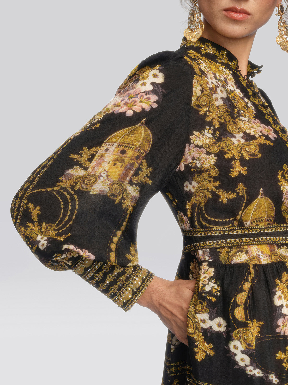 100% Silk Architectural Floral Print Tiered Dress