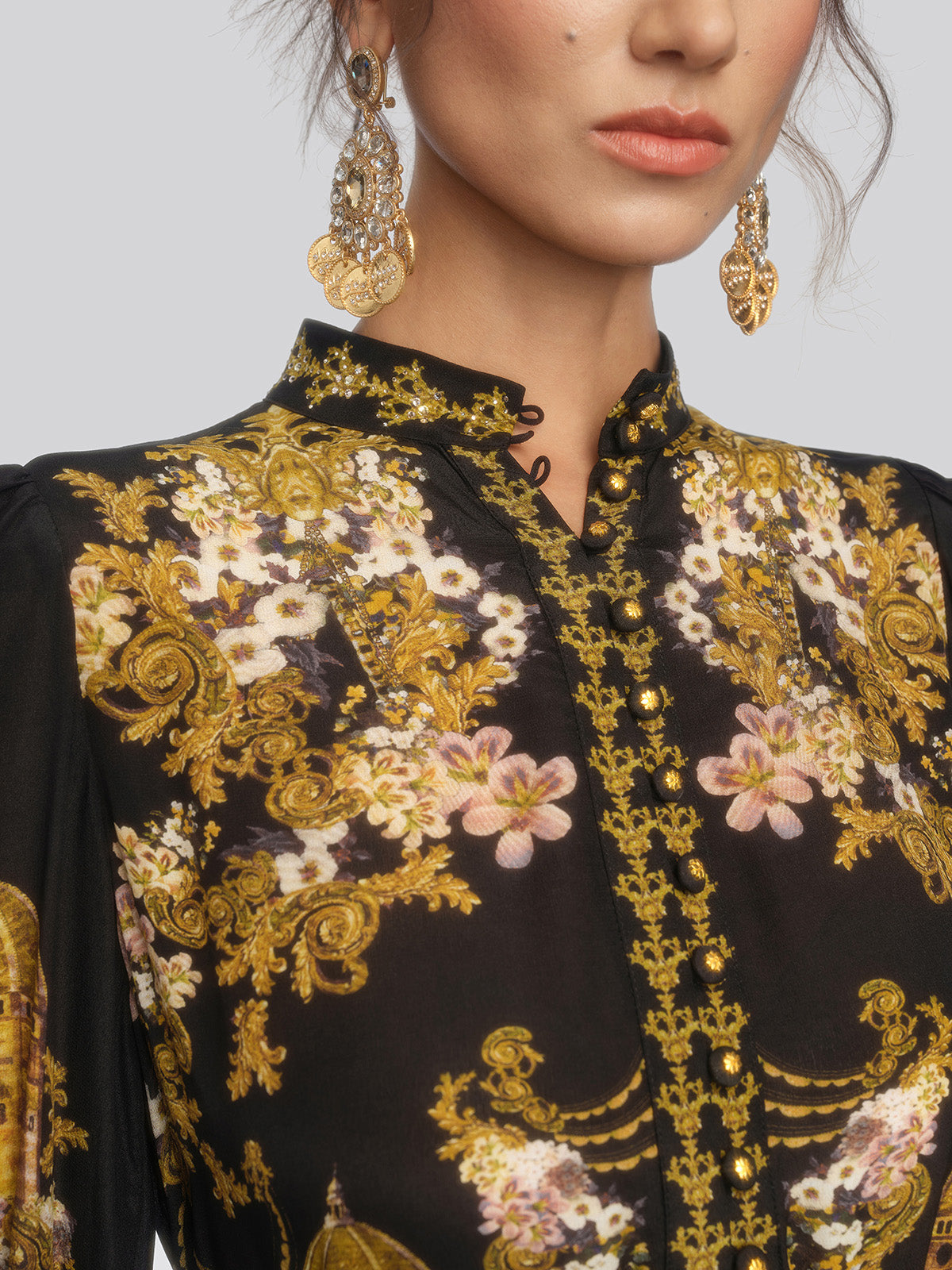 100% Silk Architectural Floral Print Tiered Dress