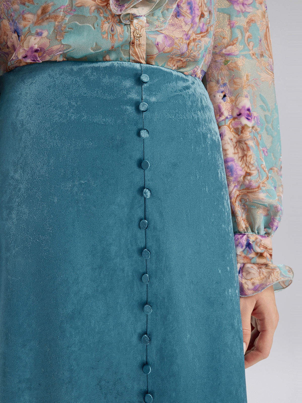Velvet Lace-Trim Front Slit Fishtail Skirt