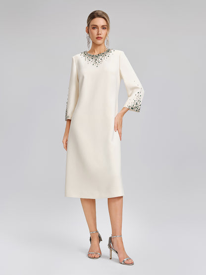 Hand-Beaded Crystal Padded-Shoulder H-Line Dress