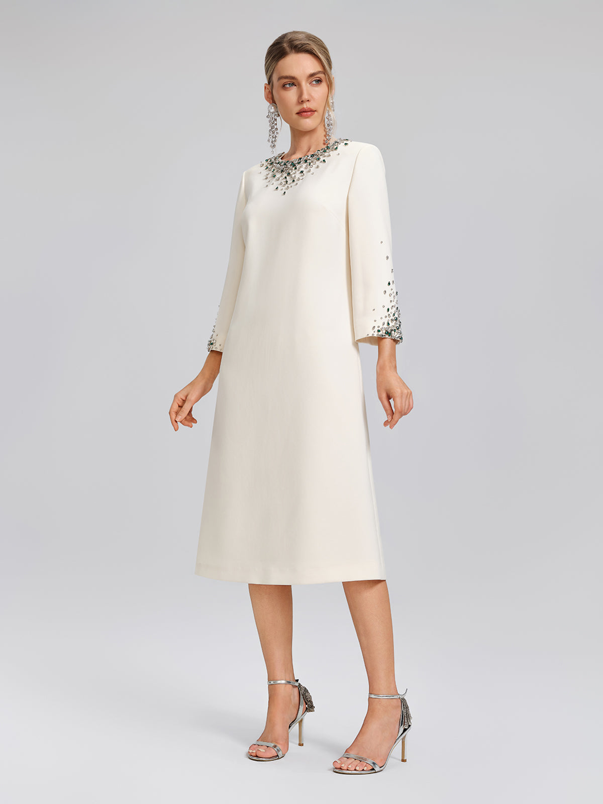 Hand-Beaded Crystal Padded-Shoulder H-Line Dress