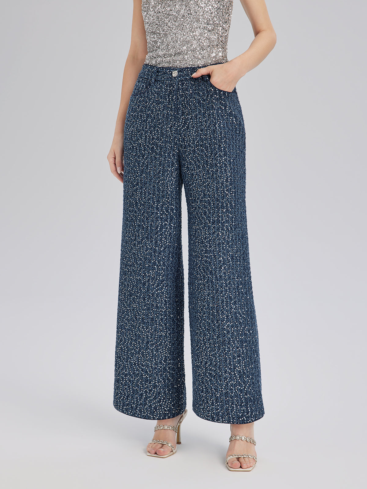 Sequined Denim-Look Tweed Hand-Beaded Pants