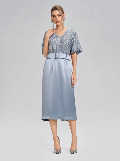 Sequin Panel Satin V Neck Dress (Belt Included)
