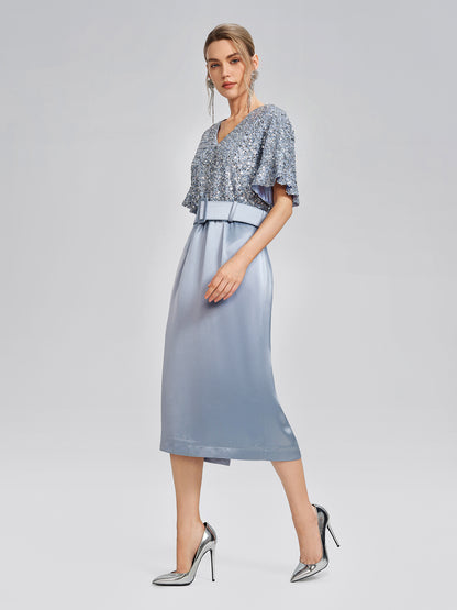 Sequin Panel Satin V Neck Dress (Belt Included)