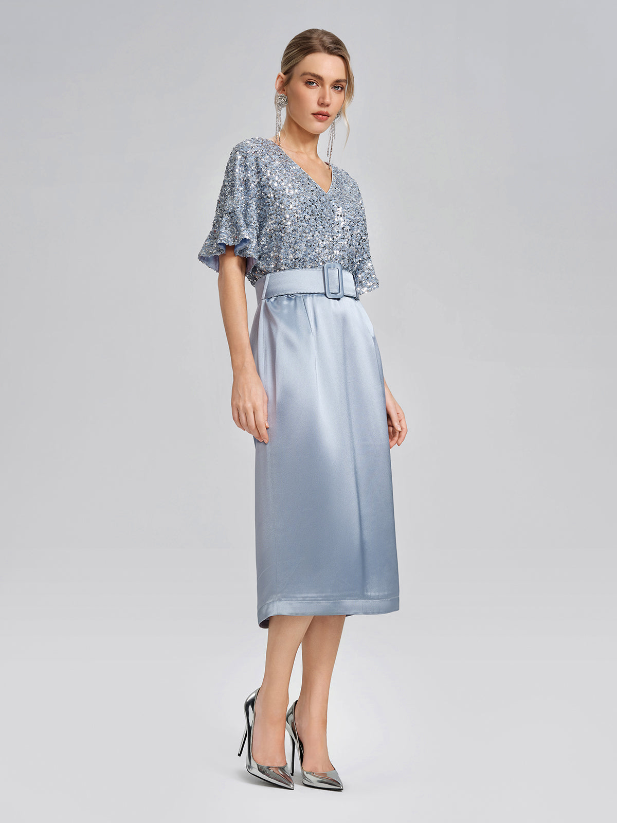 Sequin Panel Satin V Neck Dress (Belt Included)