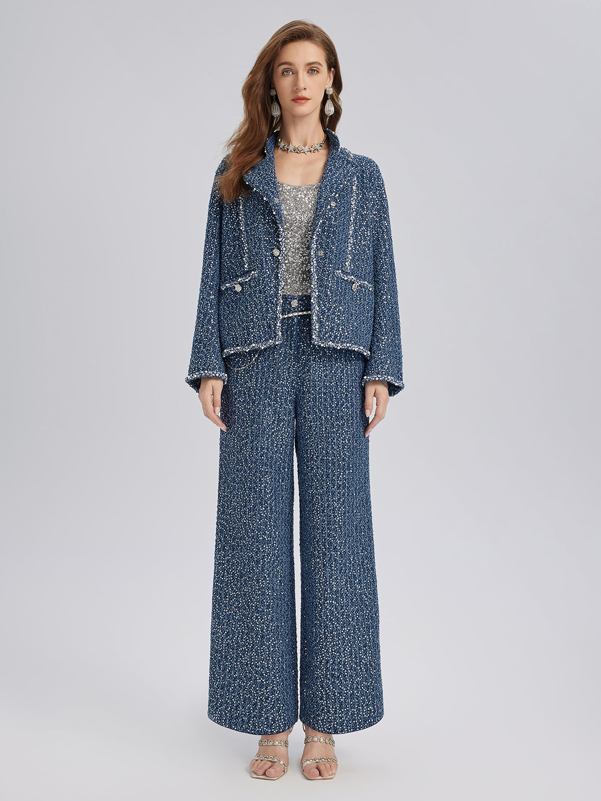 Sequined Denim-Look Tweed Hand-Beaded Jacket