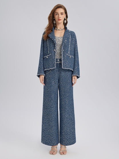 Sequined Denim-Look Tweed Hand-Beaded Jacket