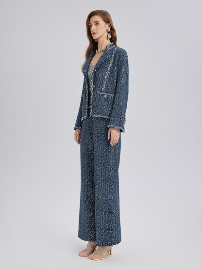 Sequined Denim-Look Tweed Hand-Beaded Jacket