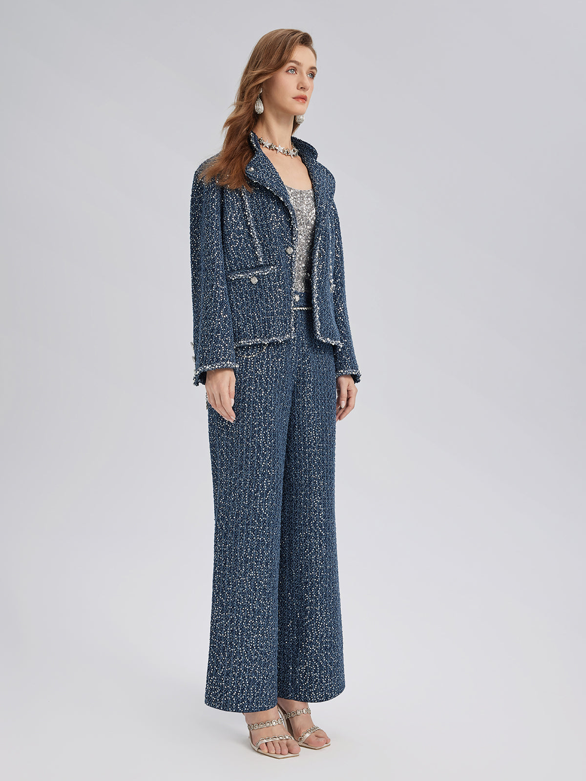 Sequined Denim-Look Tweed Hand-Beaded Jacket