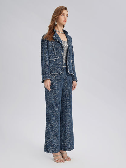 Sequined Denim-Look Tweed Hand-Beaded Jacket