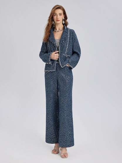 Sequined Denim-Look Tweed Hand-Beaded Jacket