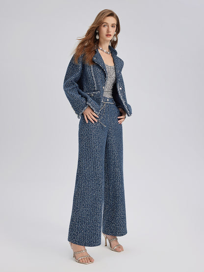 Sequined Denim-Look Tweed Hand-Beaded Jacket