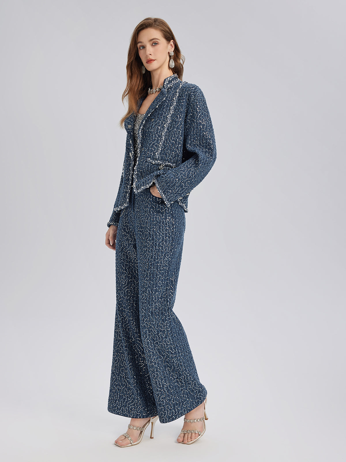 Sequined Denim-Look Tweed Hand-Beaded Jacket
