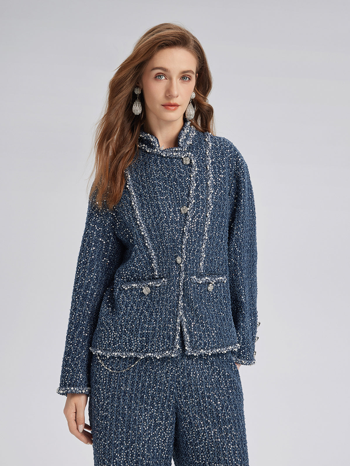 Sequined Denim-Look Tweed Hand-Beaded Jacket