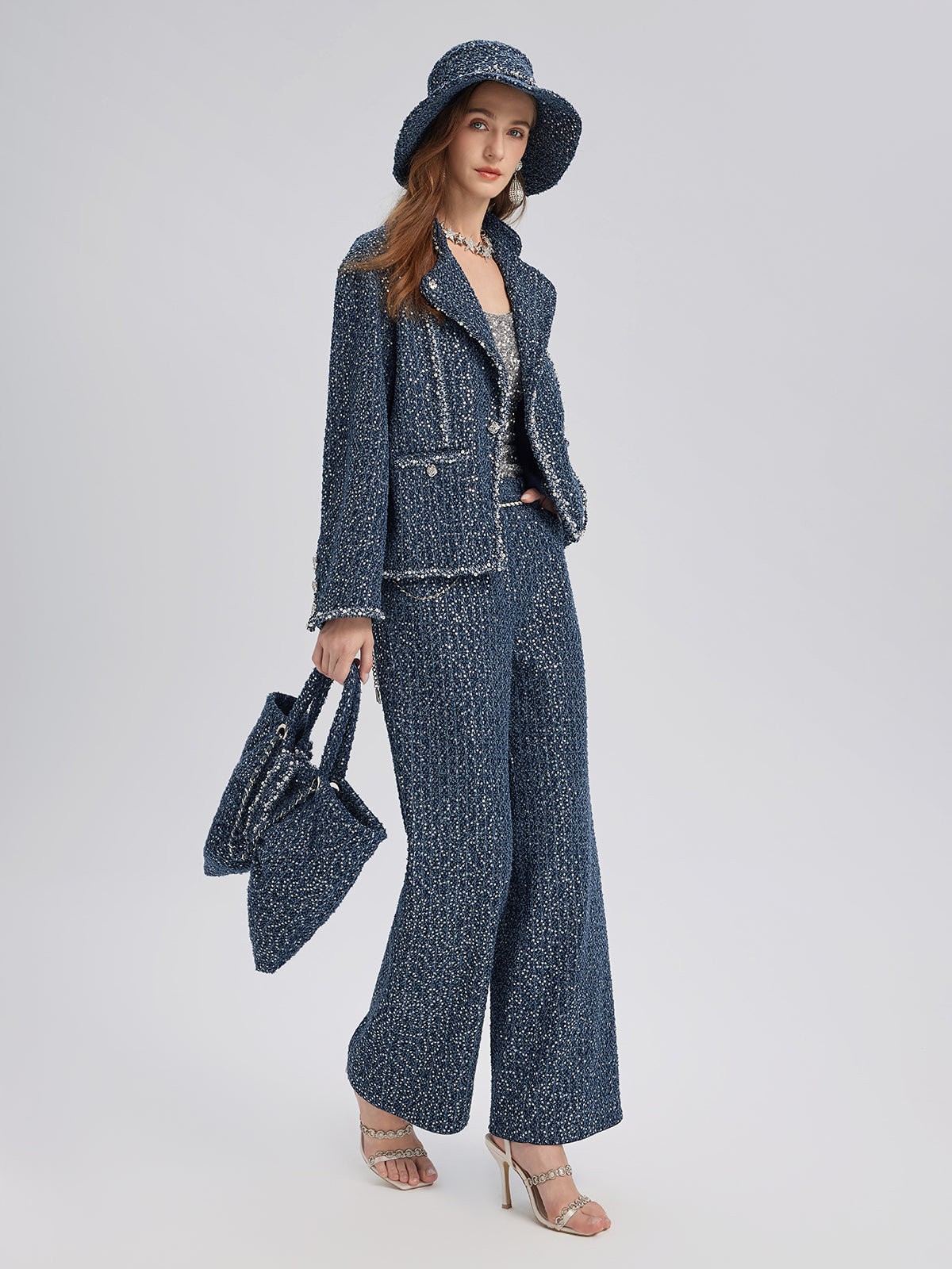 Sequined Denim-Look Tweed Hand-Beaded Jacket