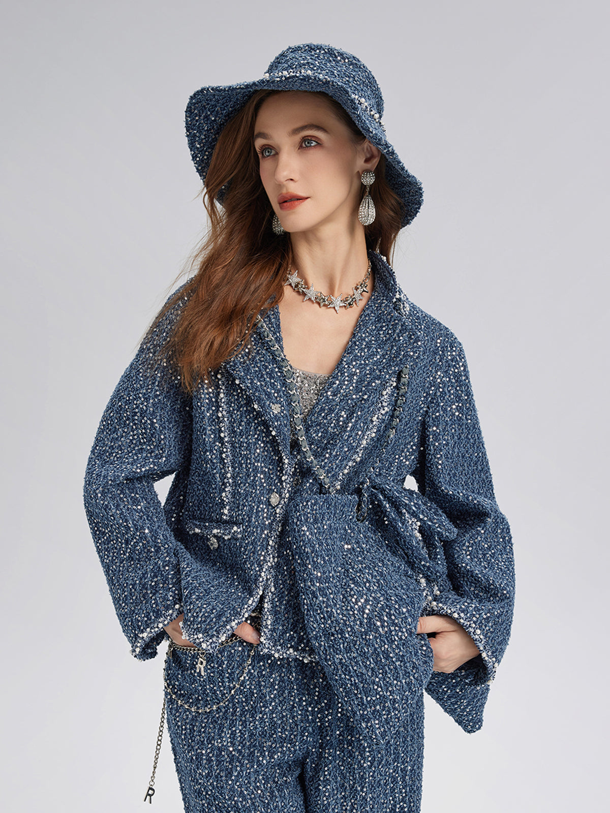 Sequined Denim-Look Tweed Hand-Beaded Jacket
