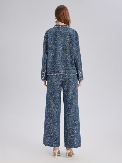 Sequined Denim-Look Tweed Hand-Beaded Jacket