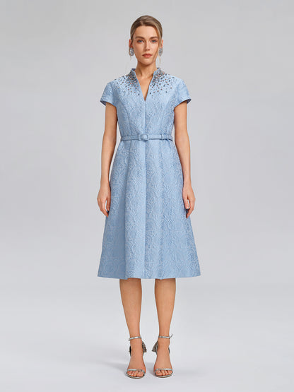 Hand-Beaded Crystal Jacquard A-Line Dress (Belt Included)