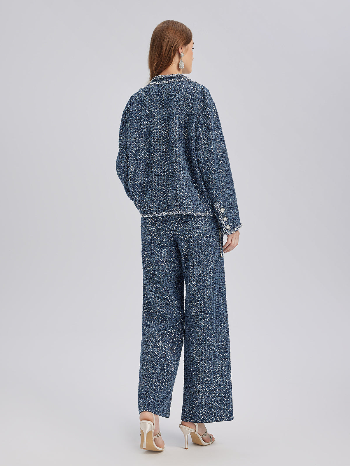 Sequined Denim-Look Tweed Hand-Beaded Jacket