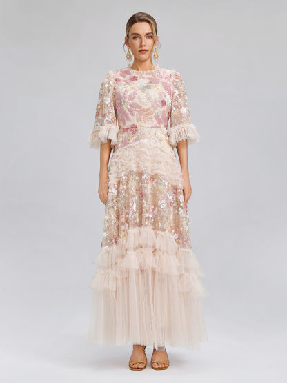 3D Floral Sequin Tulle Ruffle Dress