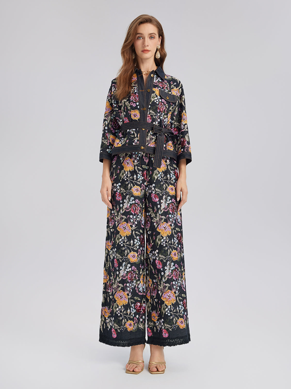 Sequin-Embroidered Floral Denim Jacket
