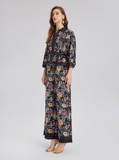 Sequin-Embroidered Denim Raw-Edge Pants