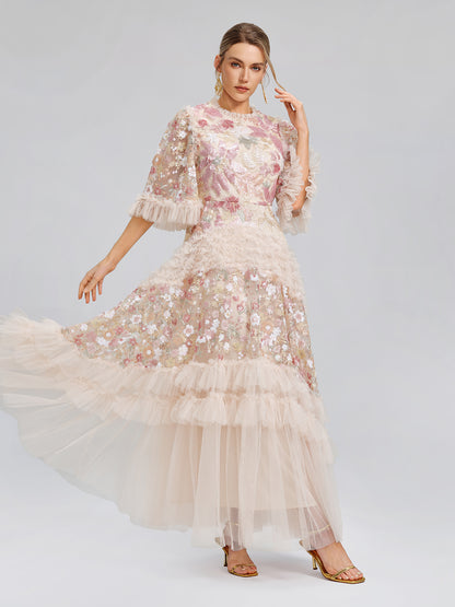 3D Floral Sequin Tulle Ruffle Dress