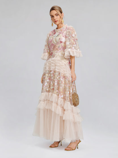 3D Floral Sequin Tulle Ruffle Dress