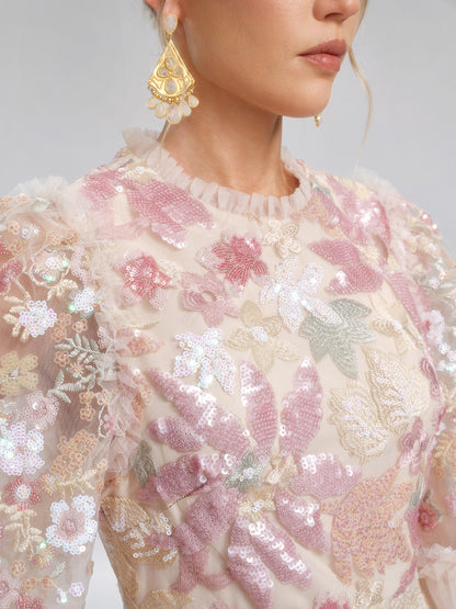 3D Floral Sequin Tulle Ruffle Dress