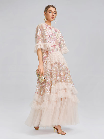 3D Floral Sequin Tulle Ruffle Dress