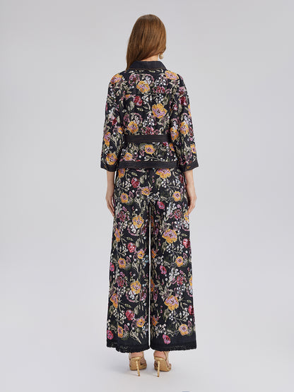 Sequin-Embroidered Denim Raw-Edge Pants