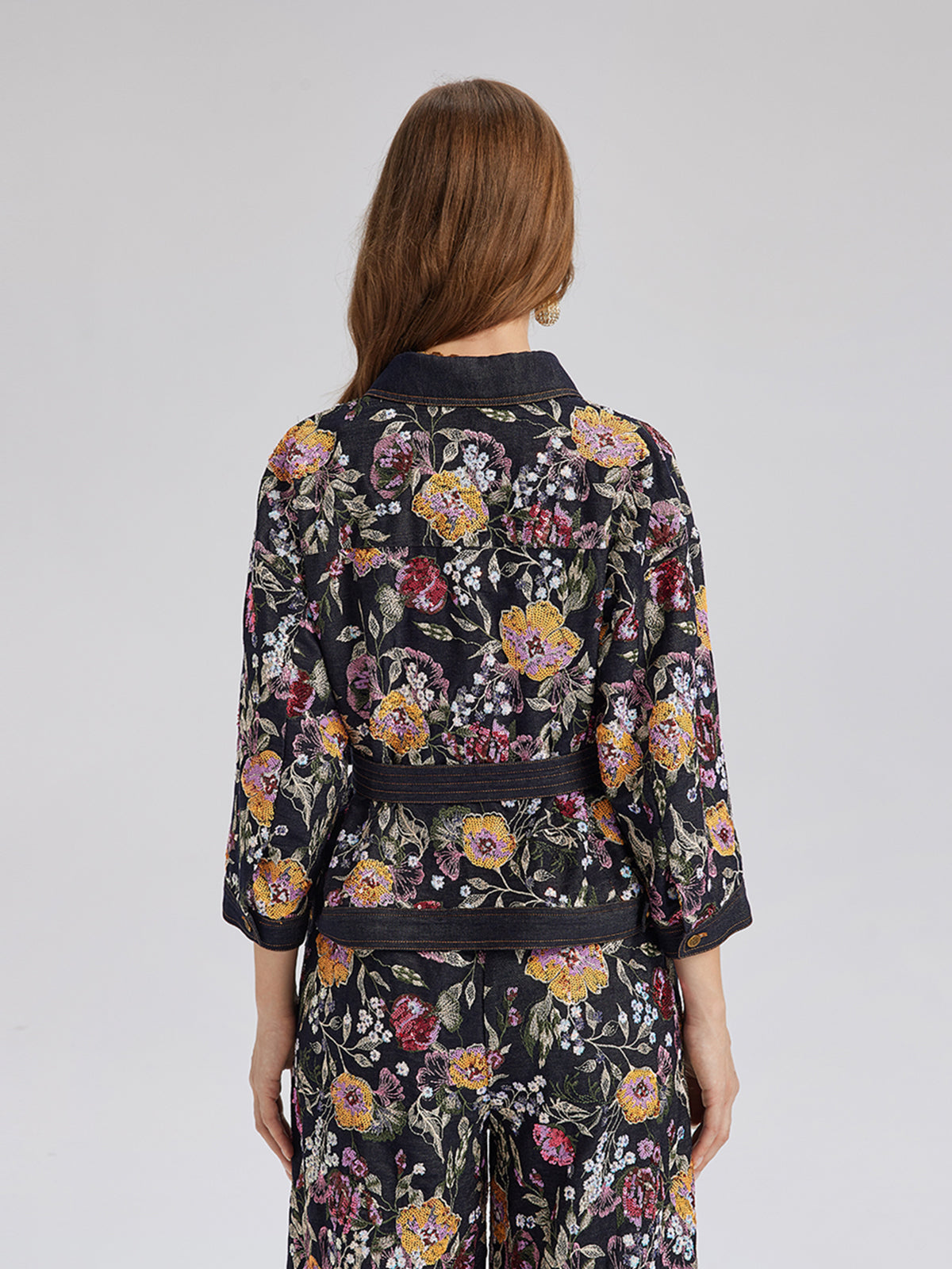 Sequin-Embroidered Floral Denim Jacket