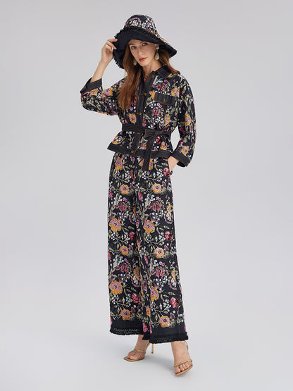 Hand-Beaded Floral Denim Raw-Edge Hat
