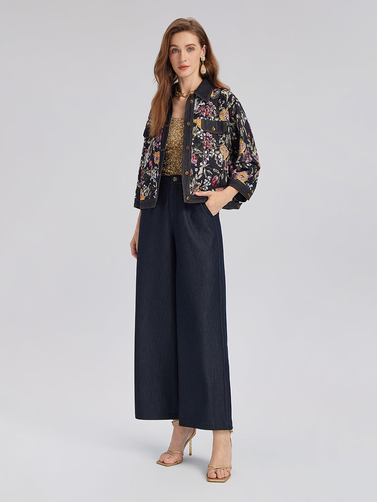 Sequin-Embroidered Floral Denim Jacket