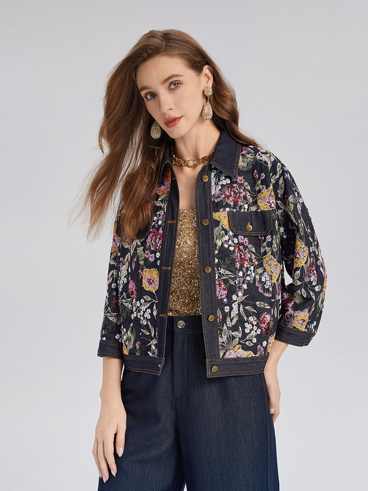 Sequin-Embroidered Floral Denim Jacket