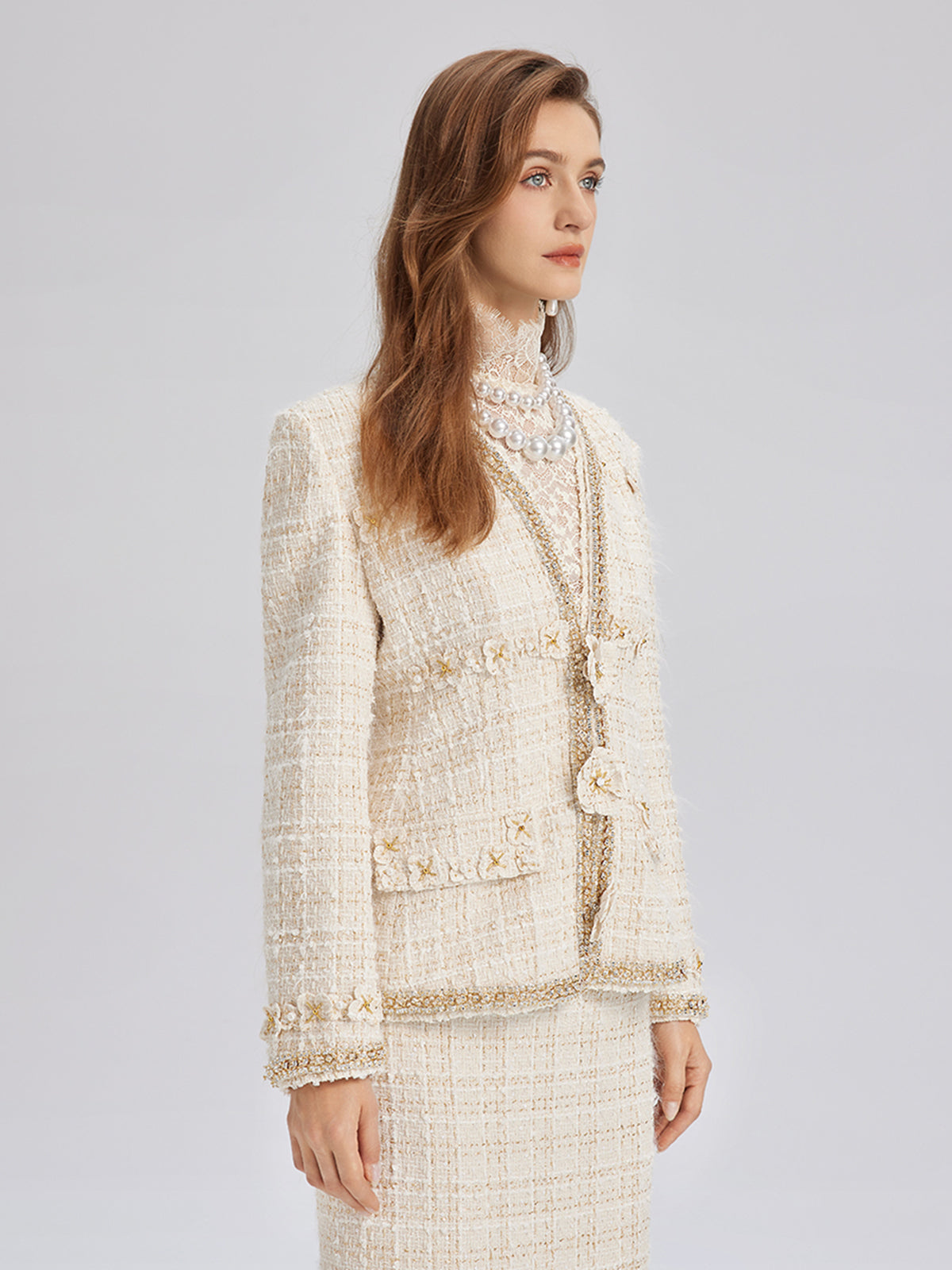 Two-Tone Check Tweed Hand-Beaded Floral Jacket (Matching Scrunchie Included)