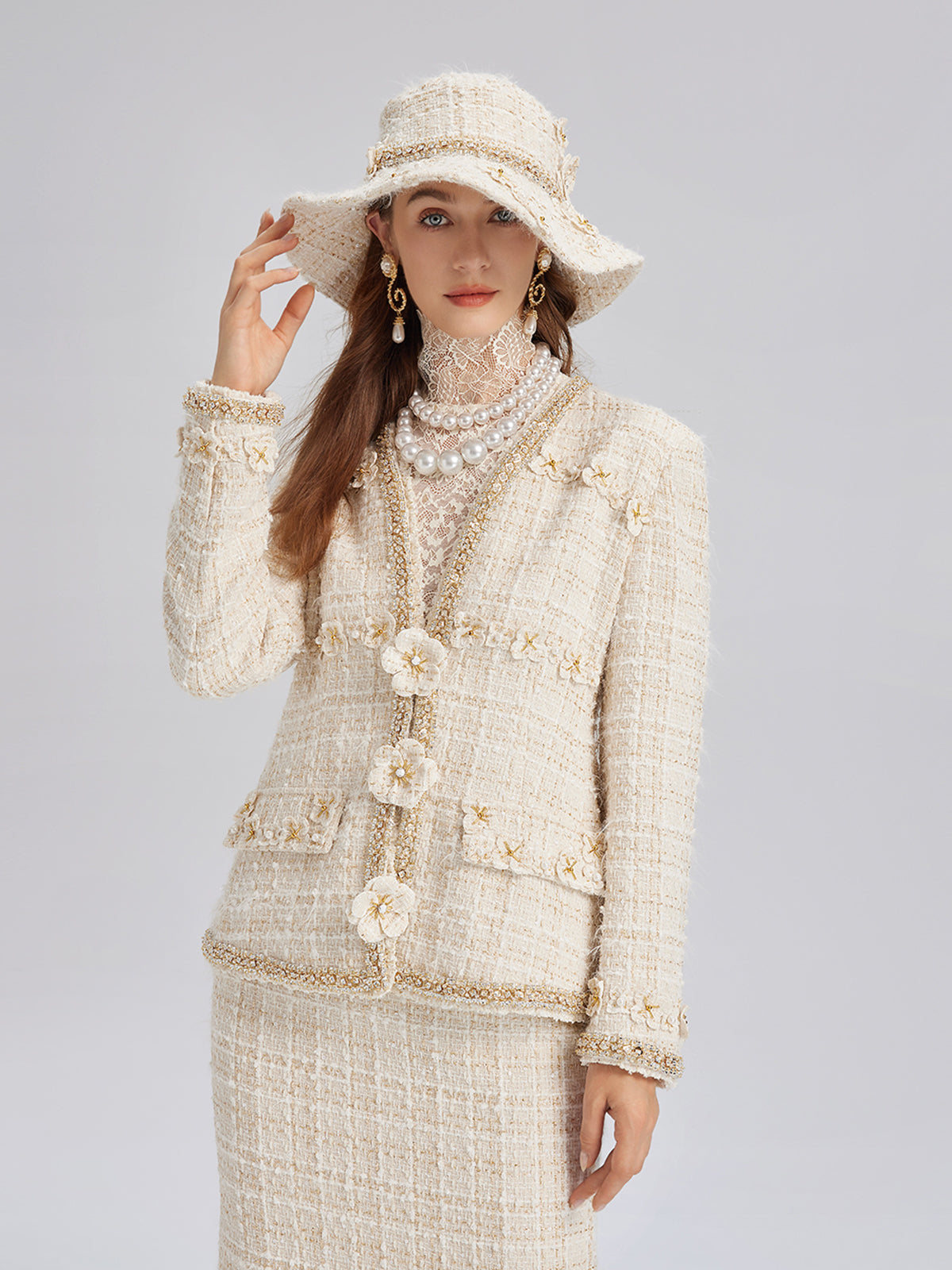 Two-Tone Check Tweed Hand-Beaded Floral Jacket (Matching Scrunchie Included)