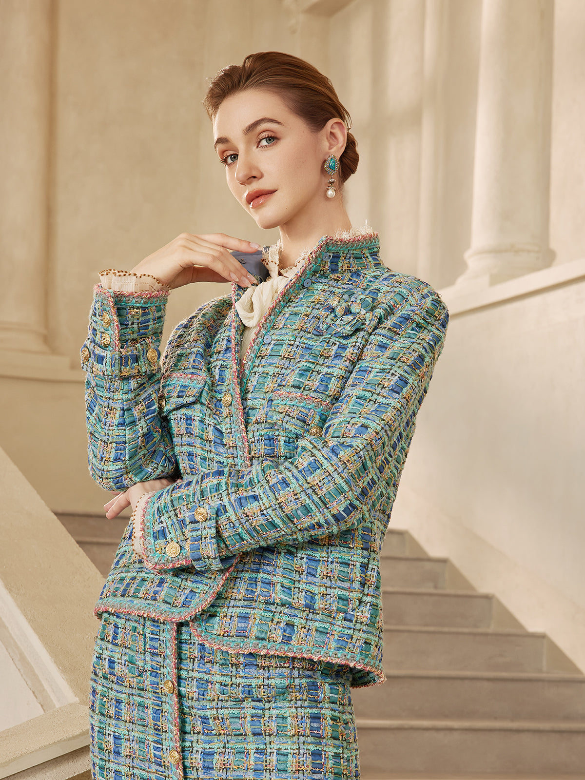 Multicolor Tweed Hand-Sewn Braid Trim Jacket