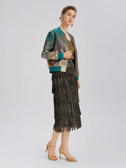 Hand-Sewn Beaded Gradient Baseball Jacket
