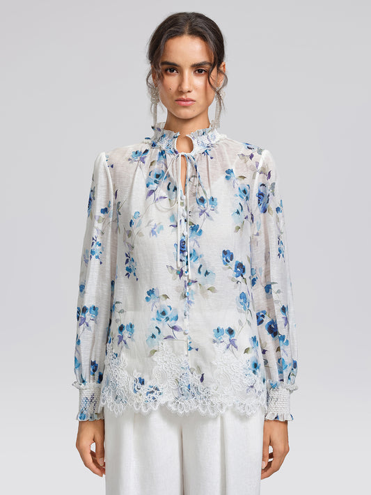 Floral Print Ruffled Lace Blouse(Camisole Included)