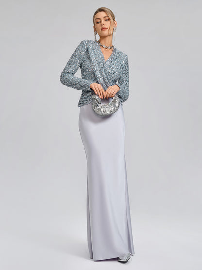 Draped V-Neck Sequin Sculpted Top