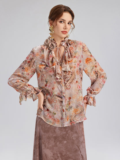Silk Velvet Devoré Rose Pink Ruffle Blouse