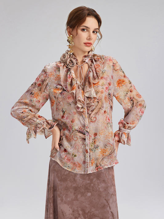 Silk Velvet Devoré Rose Pink Ruffle Blouse