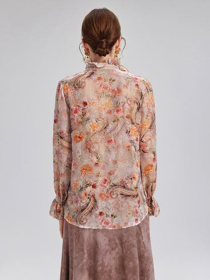 Silk Velvet Devoré Rose Pink Ruffle Blouse