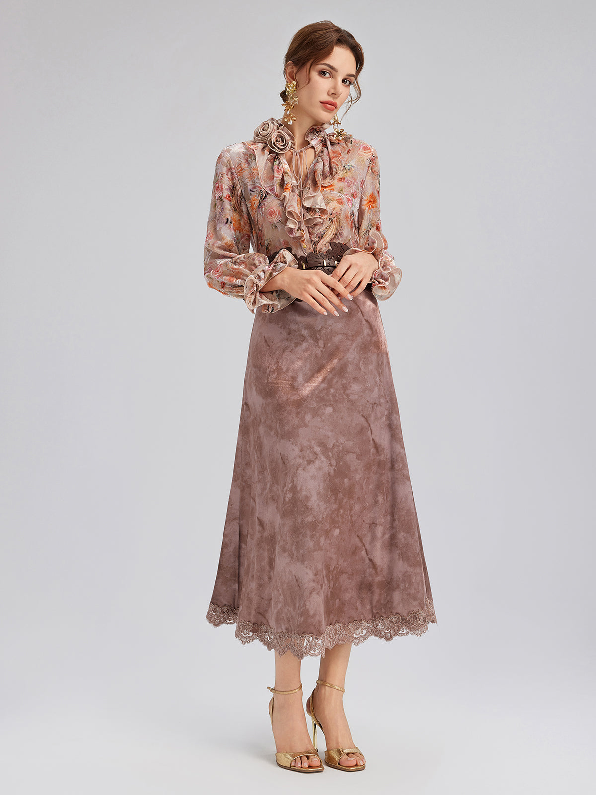 Silk Velvet Devoré Rose Pink Ruffle Blouse
