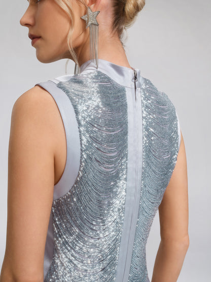 Hand Beaded Fringe Mock Neck Top