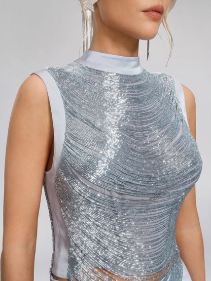 Hand Beaded Fringe Mock Neck Top