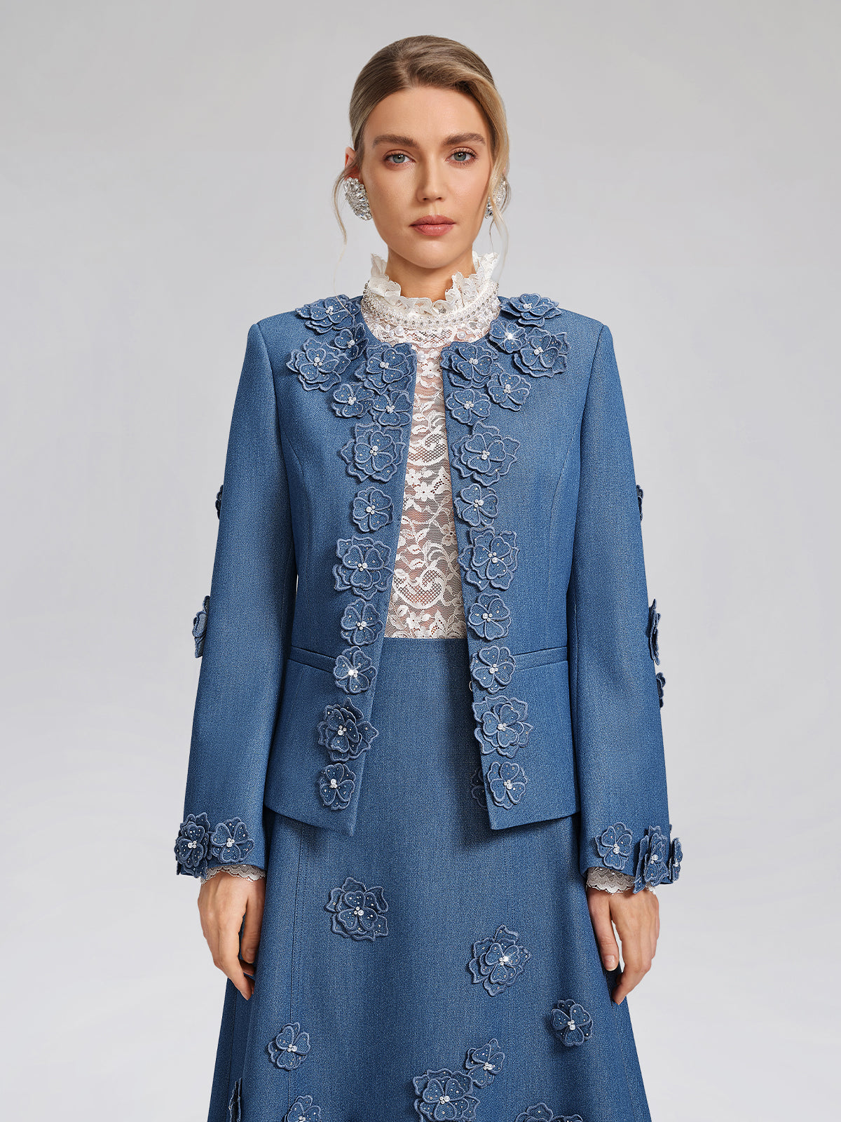 3D Floral Hand-Beaded Pearl Rhinestone Jacket