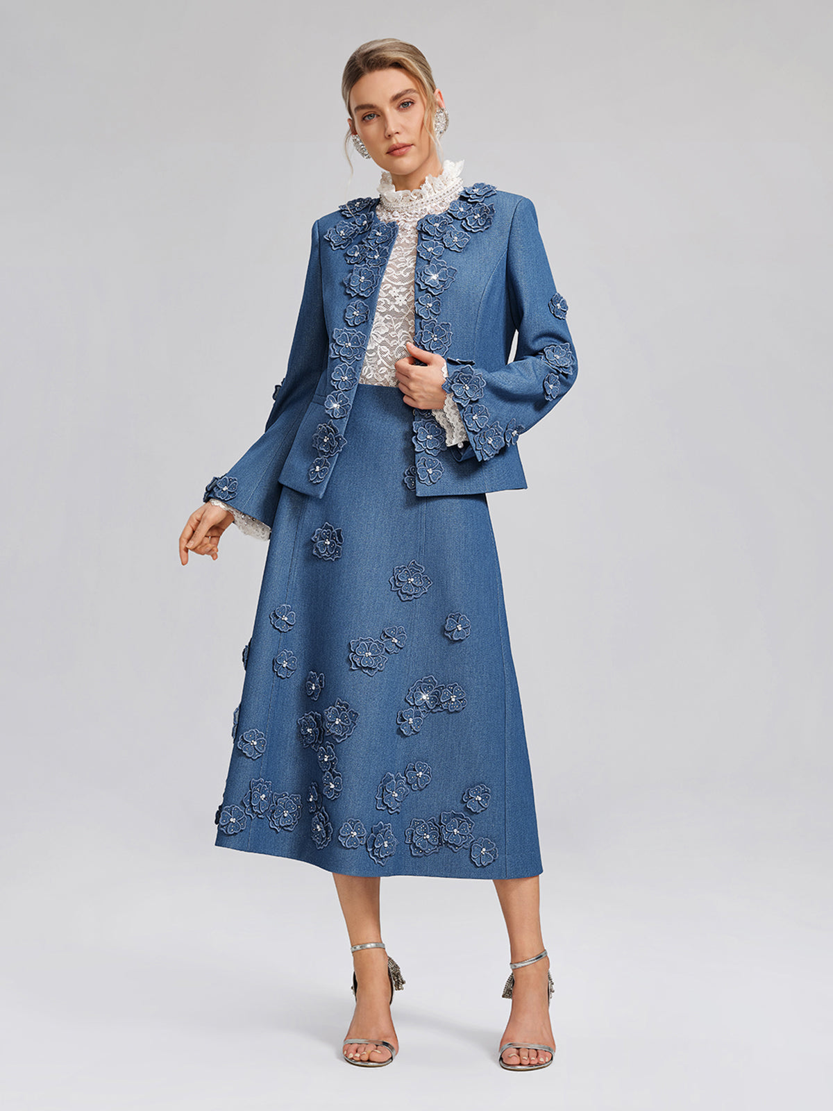 3D Floral Hand-Beaded Pearl Rhinestone Jacket
