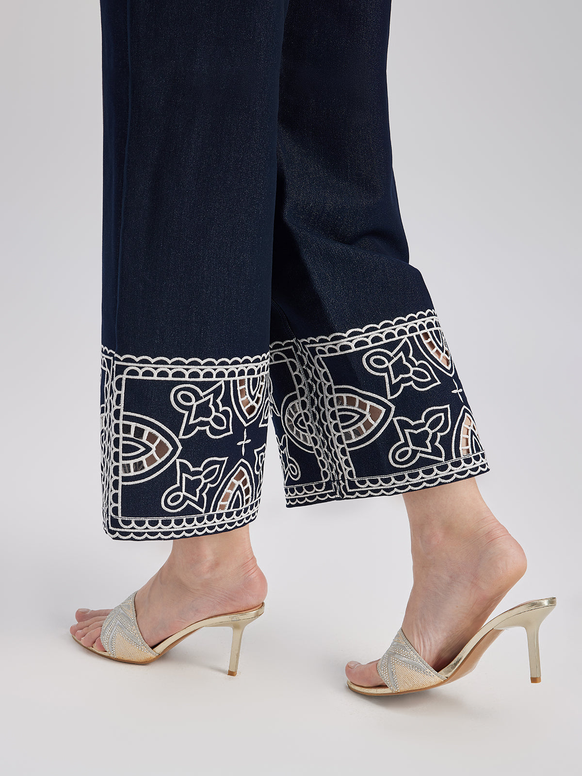 Cutout Embroidered Cotton Straight-Leg Pants
